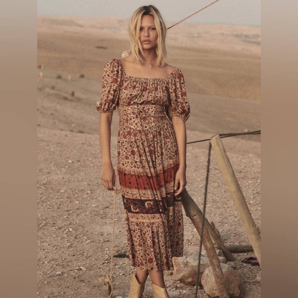 Spell & The Gypsy Collective Lady Untamed Midi Dress XS in Tea Leaf Corset Style